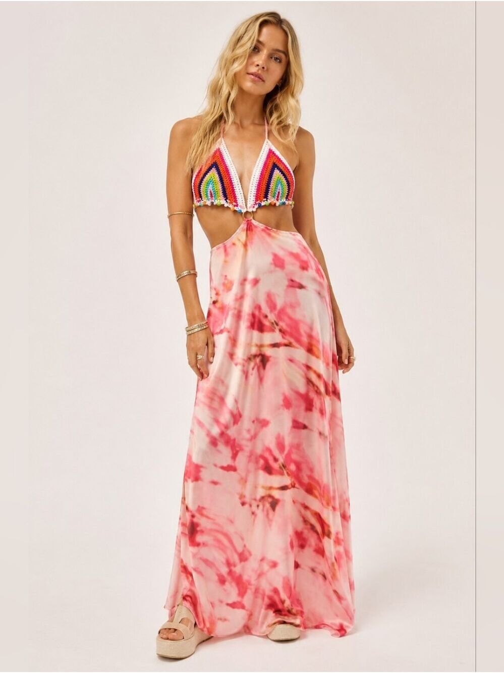 H&Y Collection Crochet Rainbow Halter Maxi Dress Boho Festival Y2K L